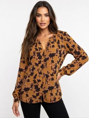 Nine West Rust Brown & Black Abstract Print Button-Front Top (SIZE:XL)